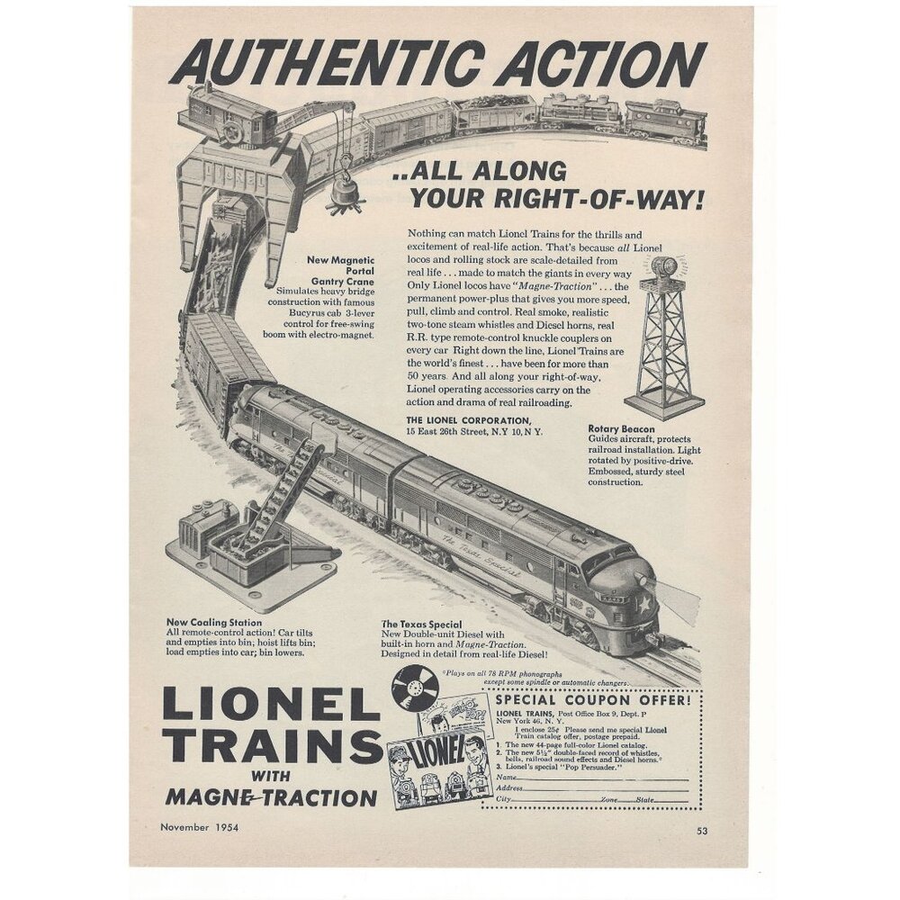 Lionel Trains Magne Traction Vintage Print Ad Original 1954 New York New York u